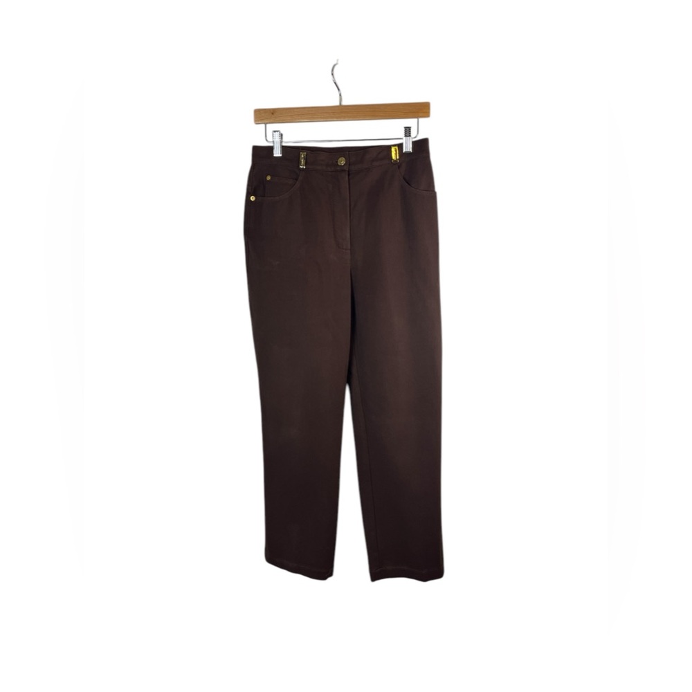 St John sport woman’s brown straight leg pants size 4 gold logo‎ on belt loop